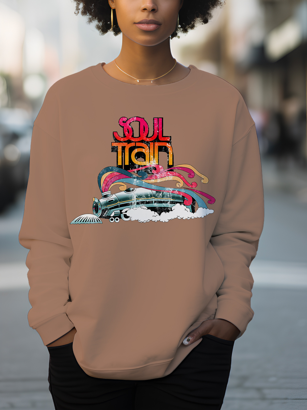 Women's Soul Train Print Cotton Long Sleeve T-Shirt Thin Sweatshirt-Styleame