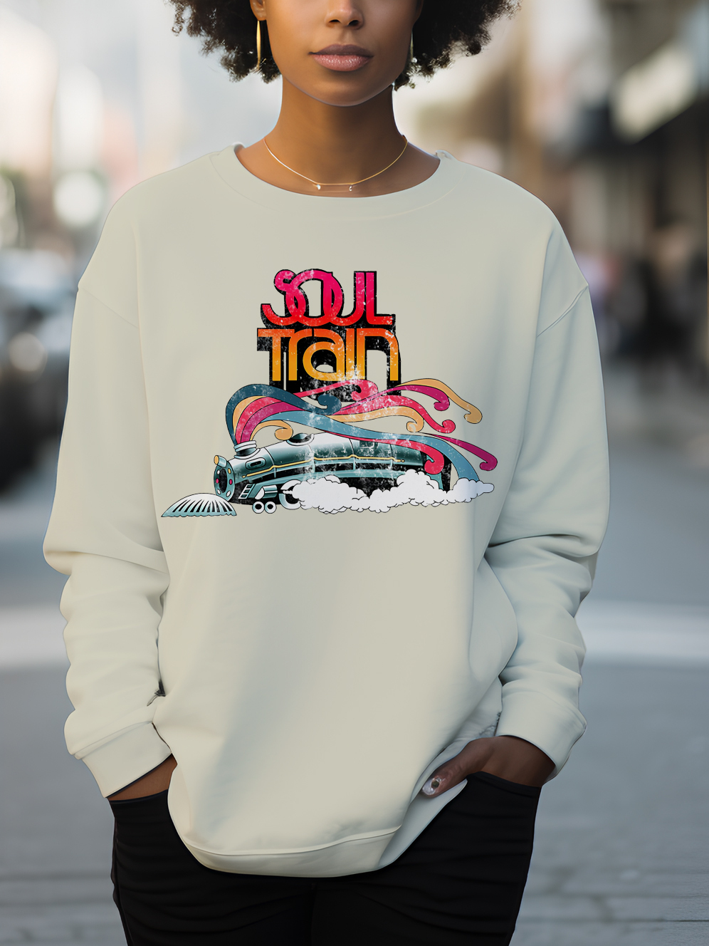 Women's Soul Train Print Cotton Long Sleeve T-Shirt Thin Sweatshirt-Styleame
