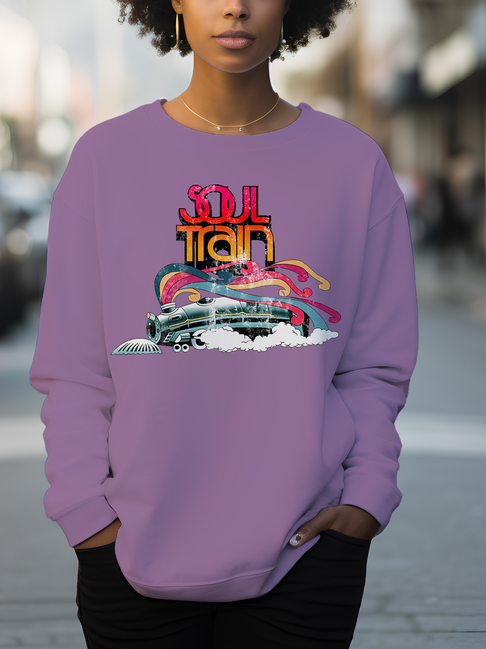 Women's Soul Train Print Cotton Long Sleeve T-Shirt Thin Sweatshirt-Styleame