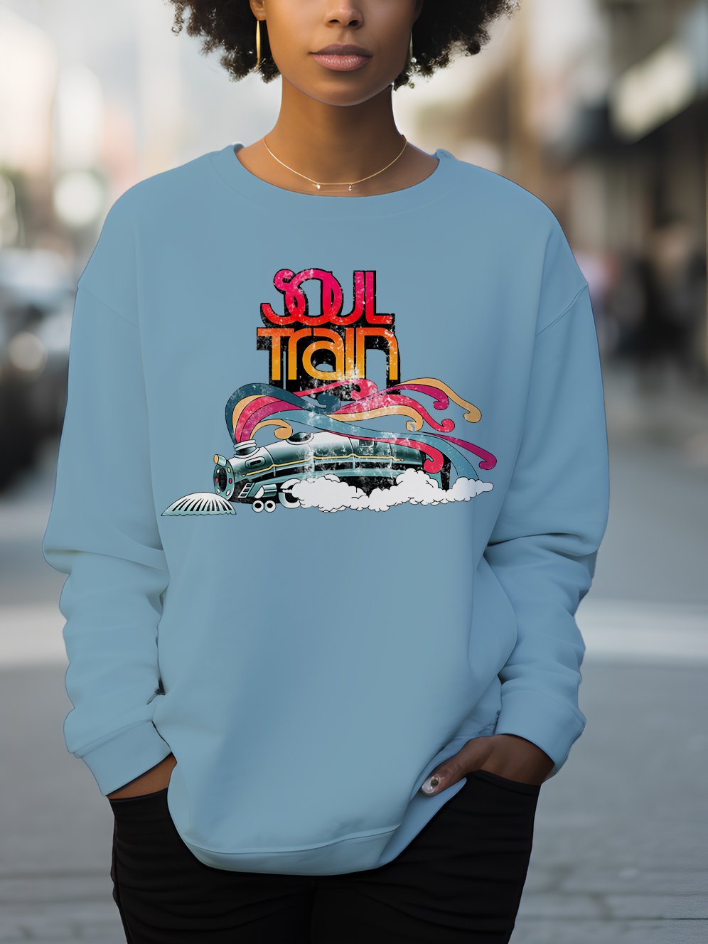 Women's Soul Train Print Cotton Long Sleeve T-Shirt Thin Sweatshirt-Styleame