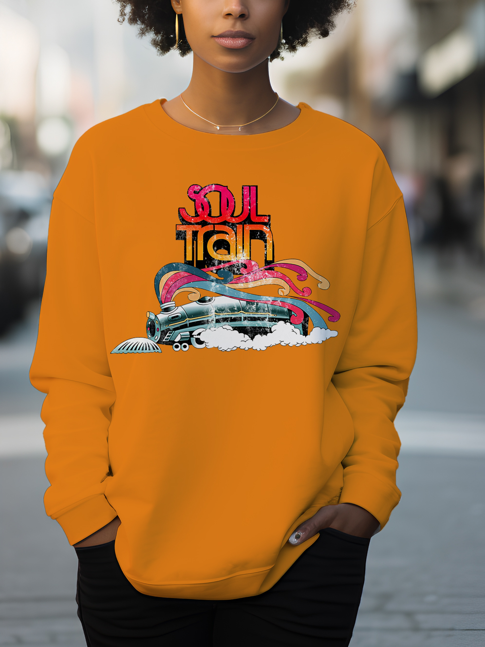 Women's Soul Train Print Cotton Long Sleeve T-Shirt Thin Sweatshirt-Styleame