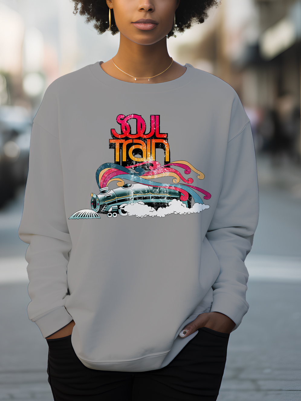 Women's Soul Train Print Cotton Long Sleeve T-Shirt Thin Sweatshirt-Styleame