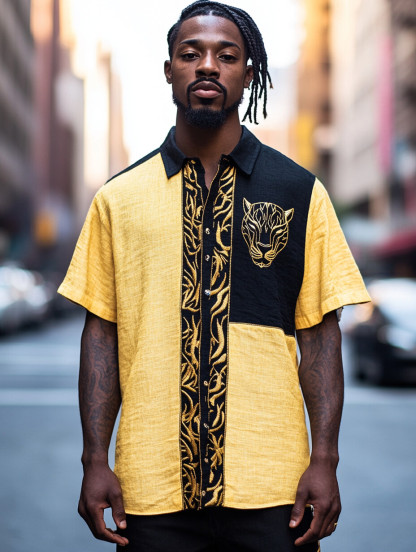 Men's Black Panther Pattern Art Print Casual Shirt-Styleame