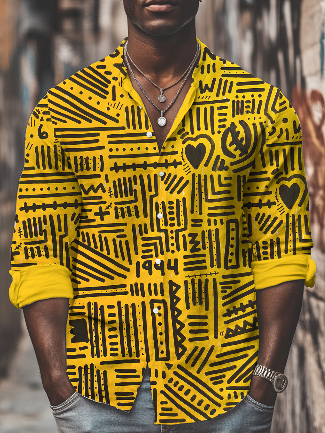 Men's Line Geometric Art Print Long Sleeve Shirt-Styleame