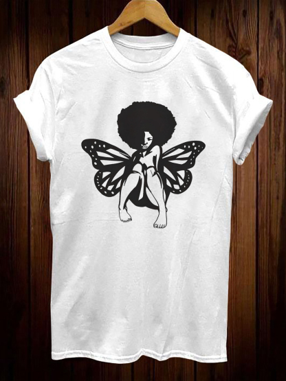 Women's African Woman With Wings Print Cotton Casual T-Shirt-Styleame