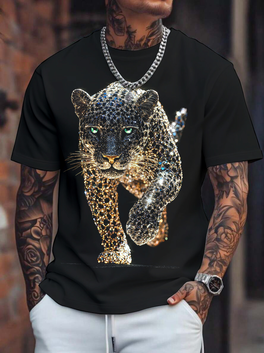 Men's Shining Rhinestone Leopard Art Print T-Shirt-Styleame