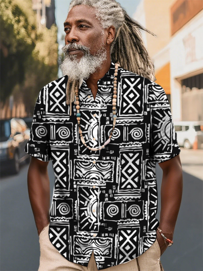 Men's Retro Ethnic Geometric Printing Short Sleeve Shirt-Styleame