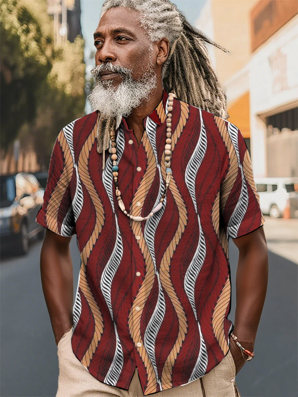 Men's Hemp Rope Stripe Art Printing Short Sleeve Shirt-Styleame