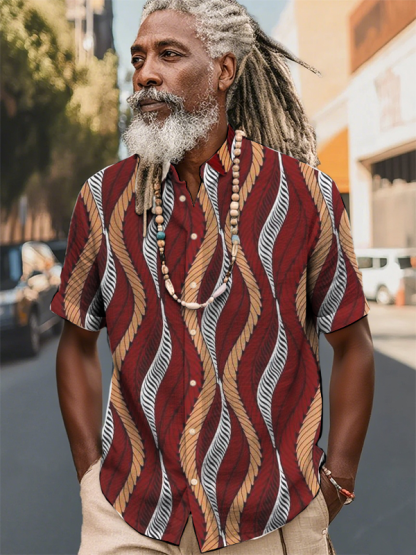 Men's Hemp Rope Stripe Art Printing Short Sleeve Shirt-Styleame