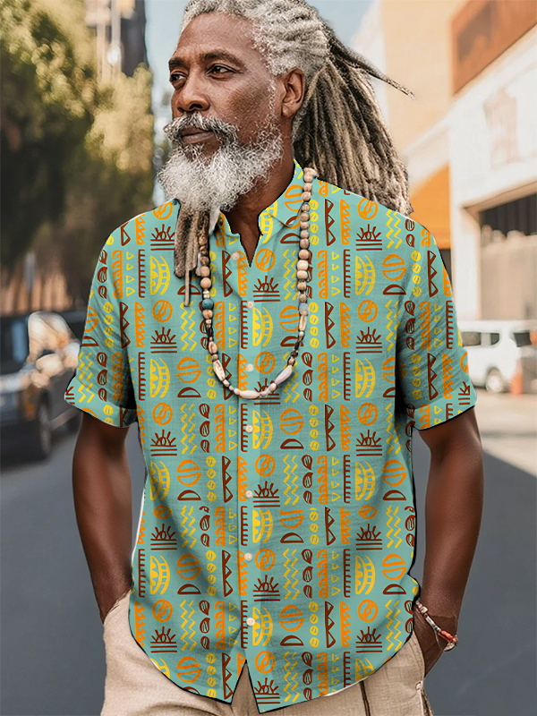 Men's Retro African Tribal Symbols Art Print Short Sleeve Shirt-Styleame