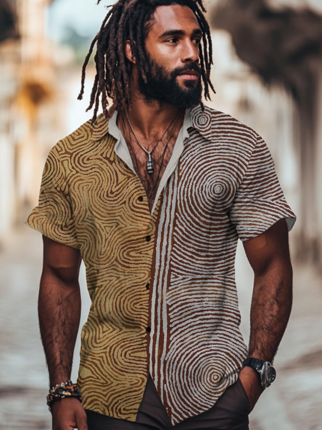 Men's Illusory Lines Color Blocks Art Print Casual Shirt-Styleame