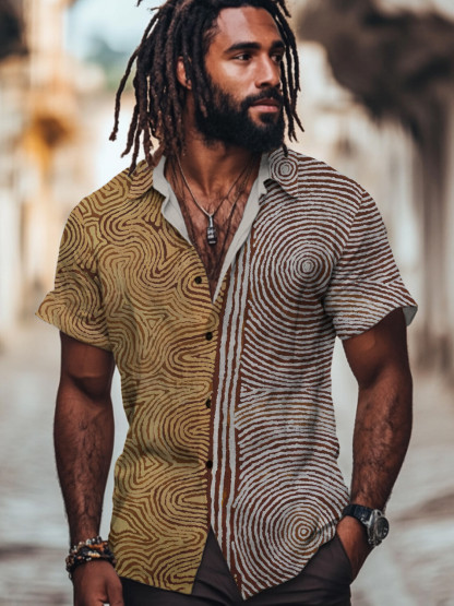 Men's Illusory Lines Color Blocks Art Print Casual Shirt-Styleame