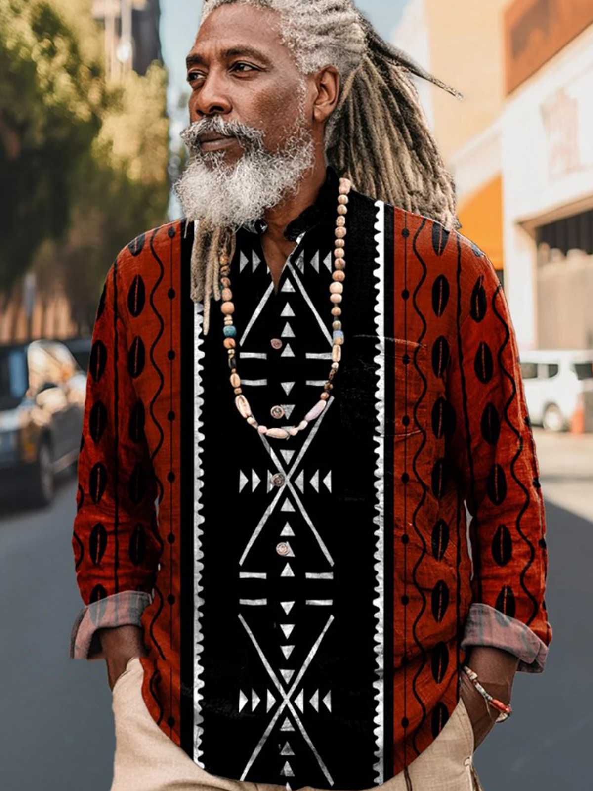 Men's African Tribal Geometric Stripes Art Print Long Sleeve Shirt-Styleame