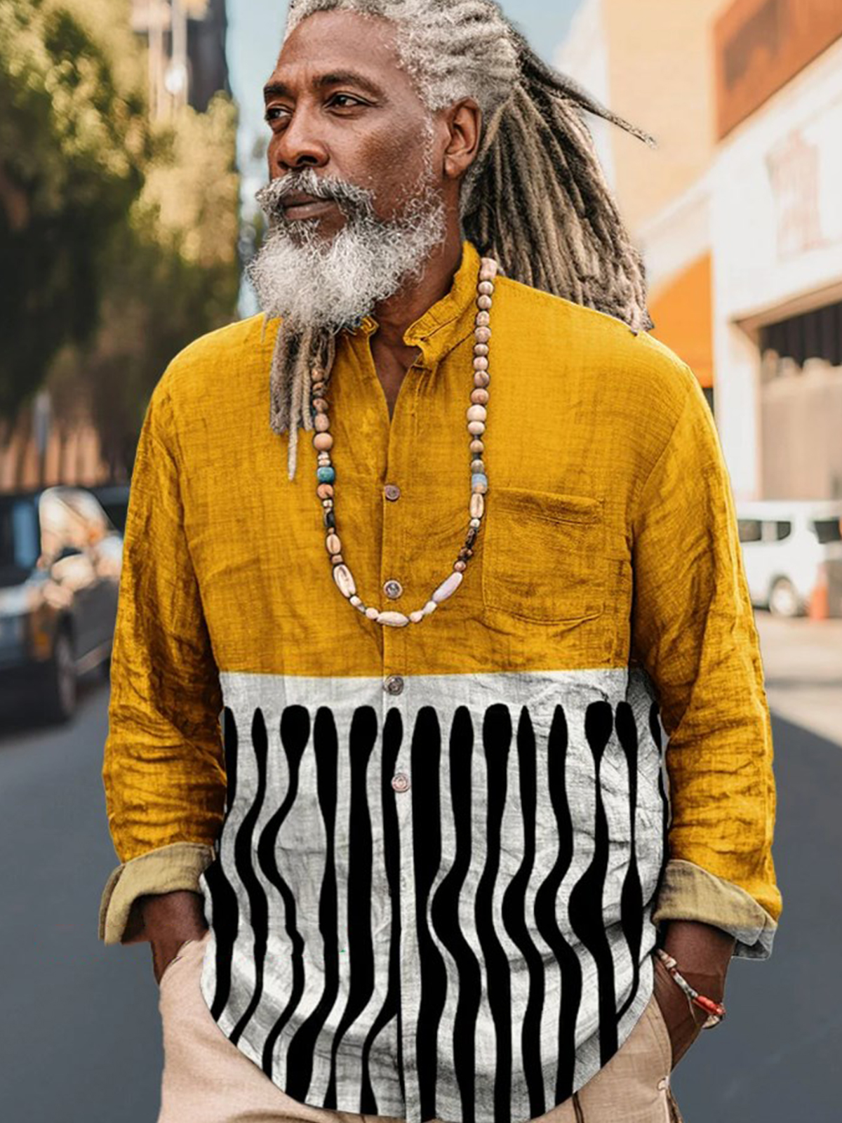 Men's Striped Color Block Art Print Long Sleeve Shirt-Styleame