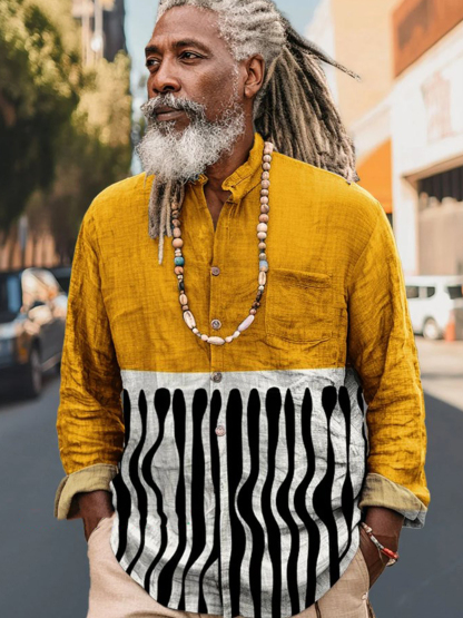 Men's Striped Color Block Art Print Long Sleeve Shirt-Styleame