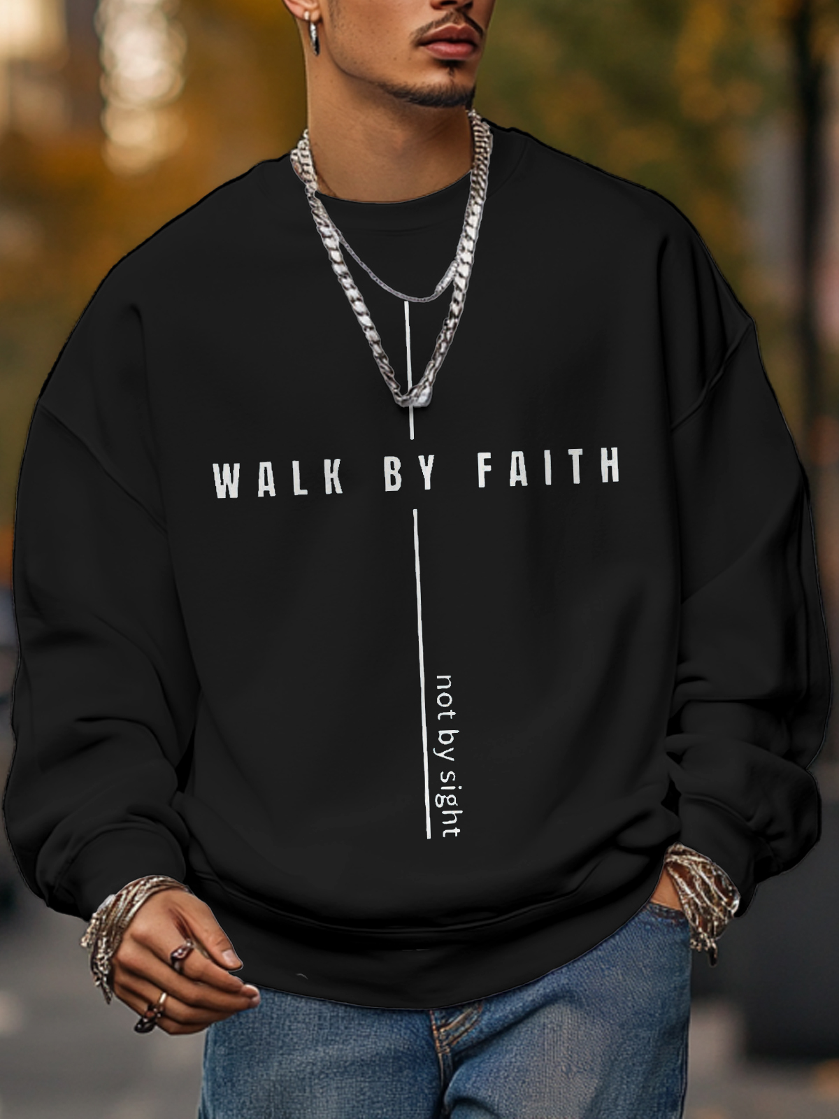 Men's Walk By Faith Not By Sight Print Cotton Casual Sweatshirt-Styleame