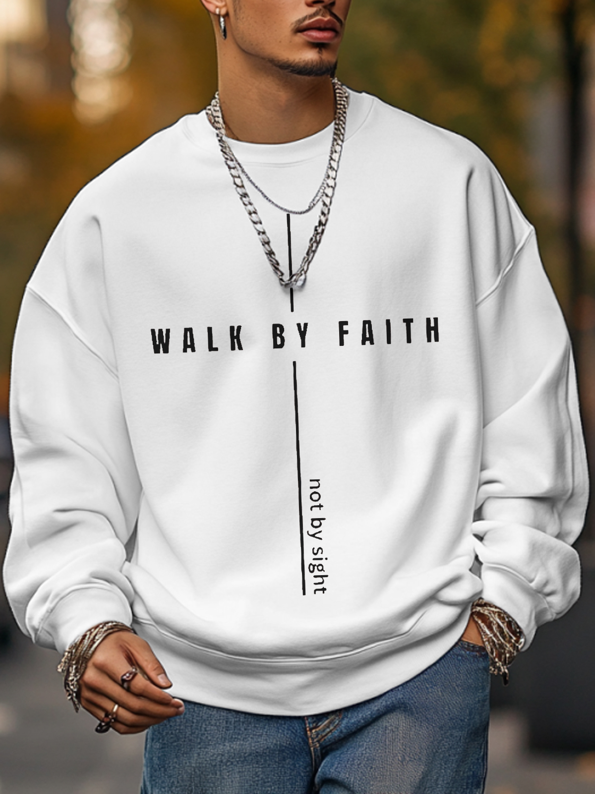 Men's Walk By Faith Not By Sight Print Cotton Casual Sweatshirt-Styleame