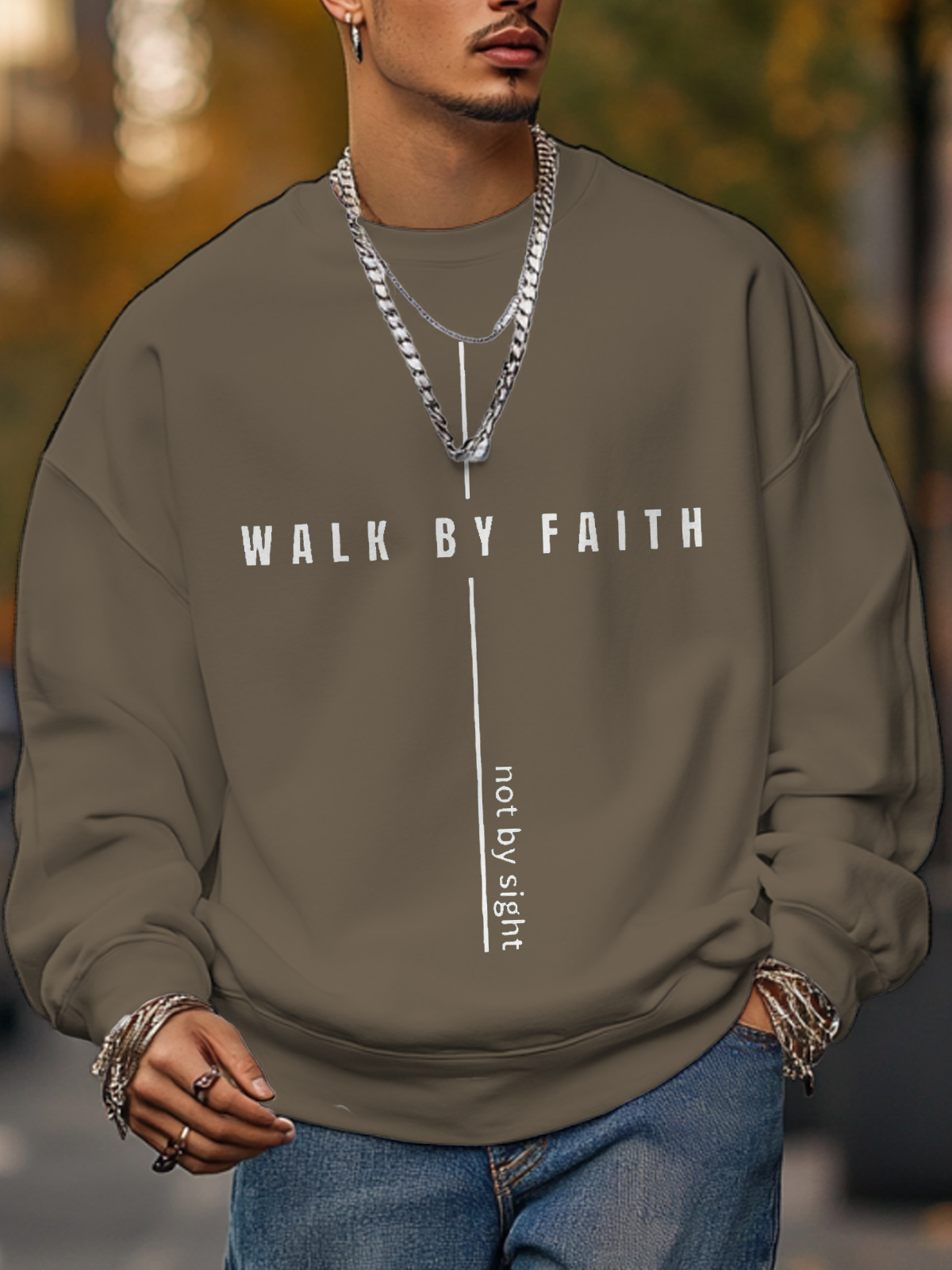 Men's Walk By Faith Not By Sight Print Cotton Casual Sweatshirt-Styleame