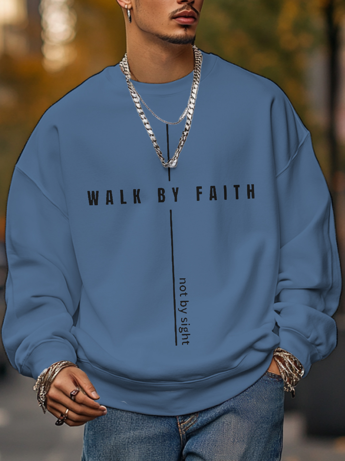 Men's Walk By Faith Not By Sight Print Cotton Casual Sweatshirt-Styleame