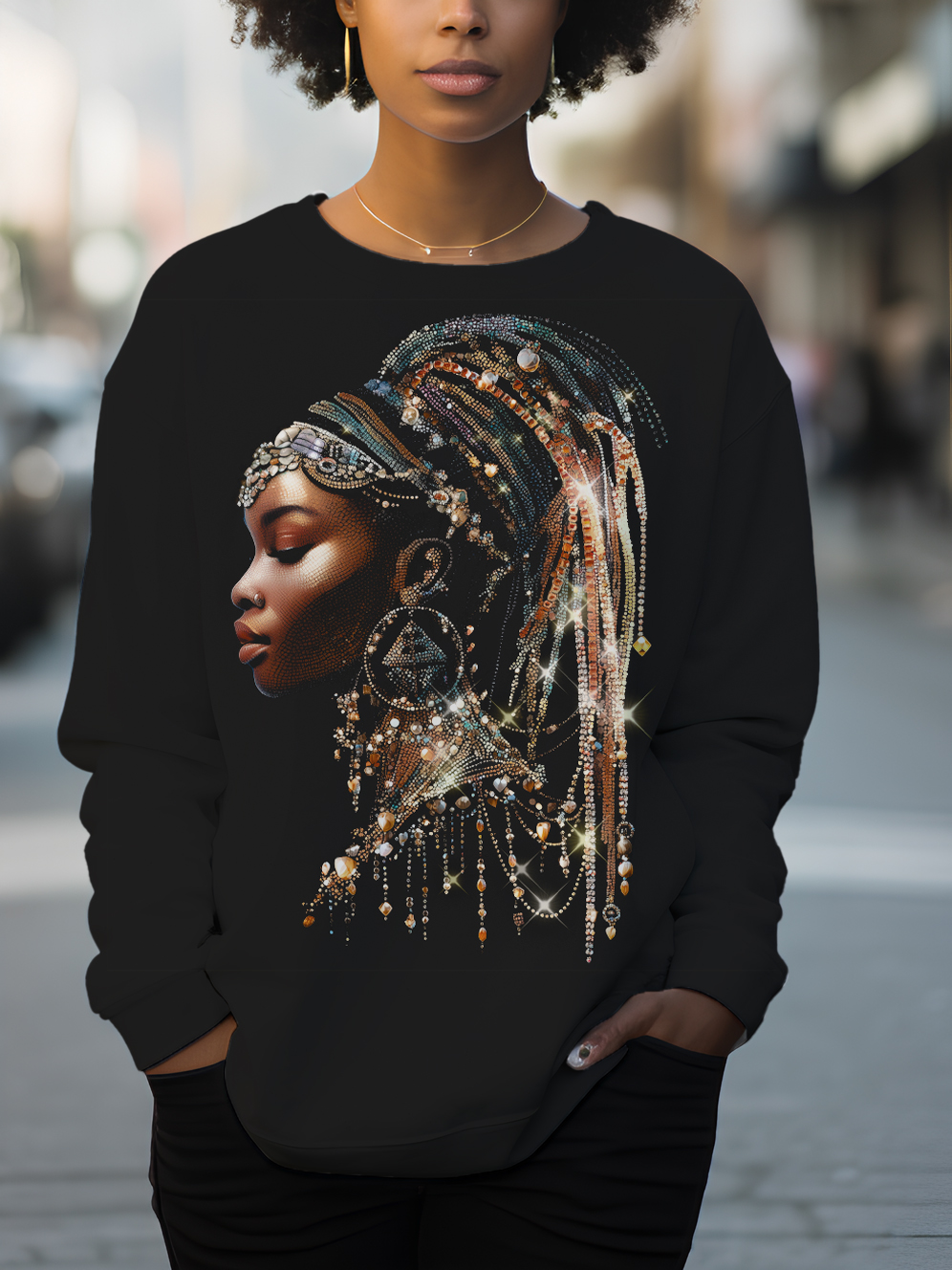 Women's Fashionable Black Girl With Dreadlocks Rhinestone Collage Print Long Sleeve T-Shirt-Styleame