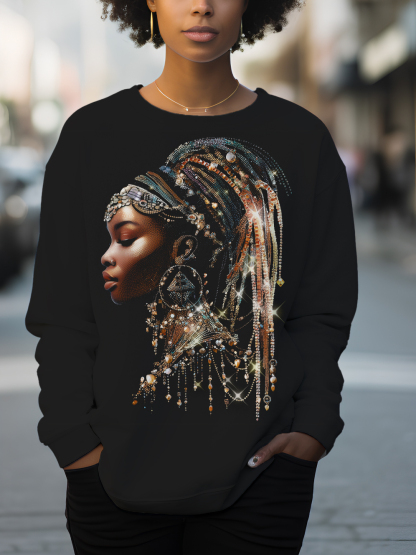 Women's Fashionable Black Girl With Dreadlocks Rhinestone Collage Print Long Sleeve T-Shirt-Styleame