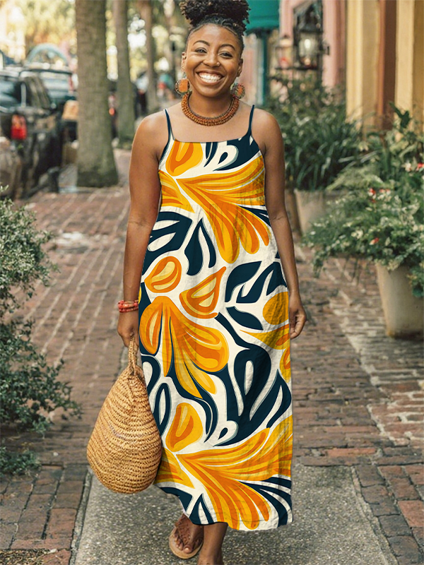 Women's Floral Art Print Cami Maxi Dress-Styleame