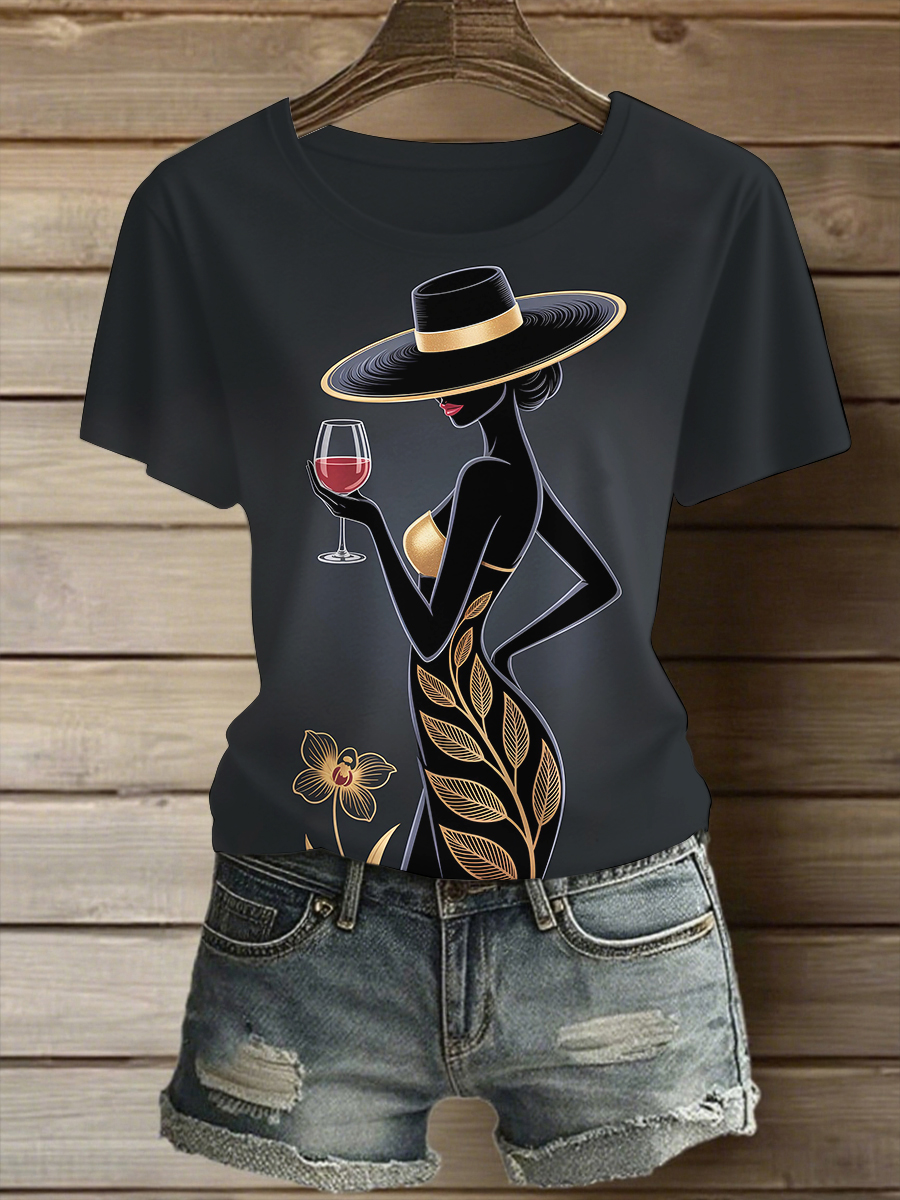 Women's Elegant Black Woman Drinking Red Wine Art Print Casual T-Shirt-Styleame