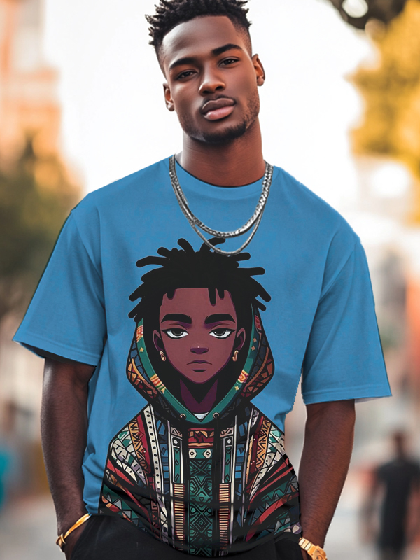Men's Black Boy Wearing Tribal Ethnic Hoodie Art Print T-Shirt-Styleame