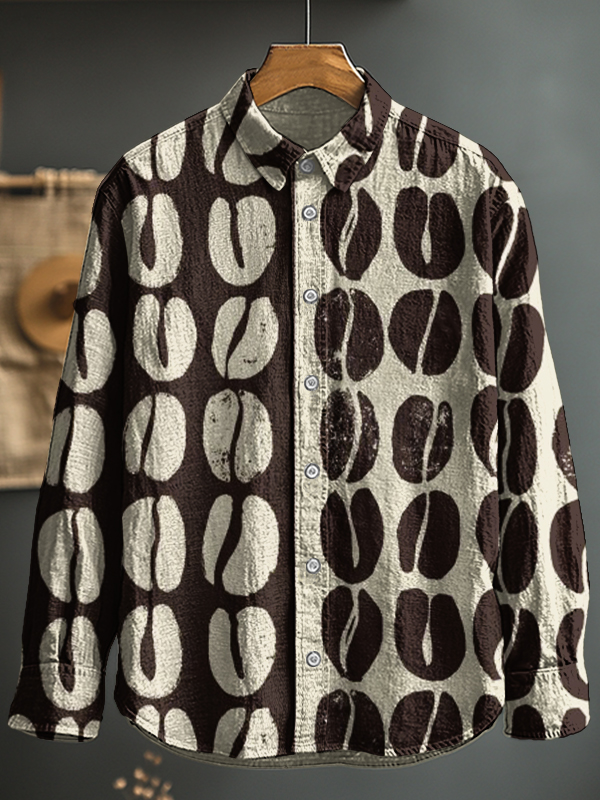 Men's Coffee Bean Graphic Print Long Sleeve Shirt-Styleame