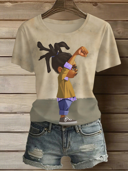 Women's Cartoon Black Girl Afro Art Print Casual T-Shirt-Styleame