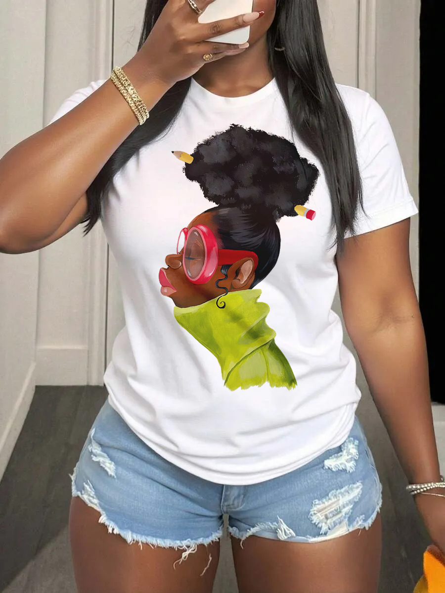 Women's Funny Cartoon Black Girl Art Print Casual T-Shirt-Styleame