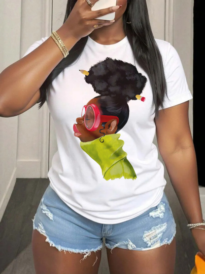 Women's Funny Cartoon Black Girl Art Print Casual T-Shirt-Styleame