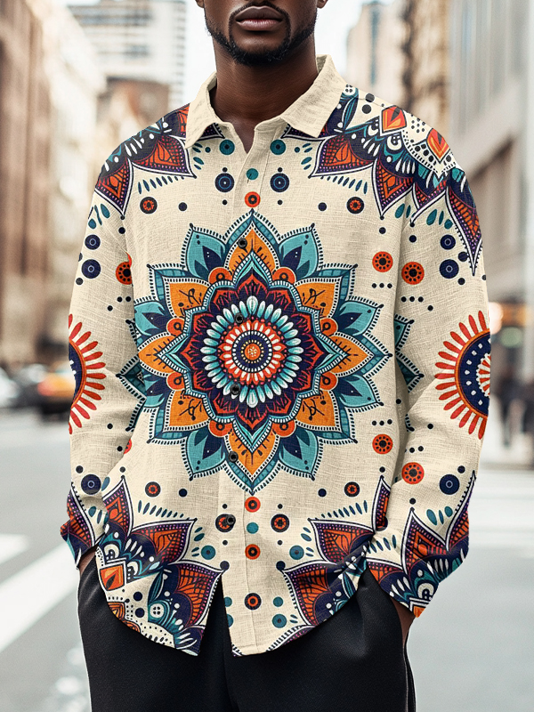 Men's Bohemian Mandala Art Print Long Sleeve Shirt-Styleame