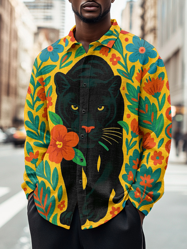 Men's Black Panther Colorful Flower Art Print Long Sleeve Shirt-Styleame