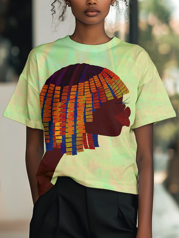 Women's Black Girl Art Pattern Print Casual T-Shirt-Styleame