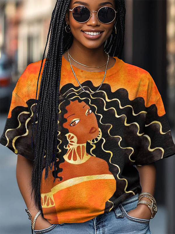 Women's Curly Hair Black Girl Art Print Casual T-Shirt-Styleame