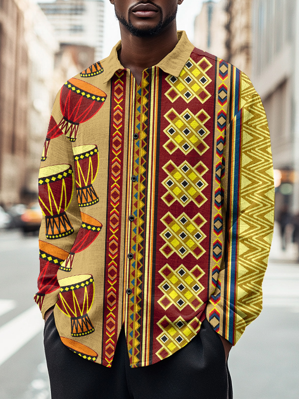 Men's African Drum Ethnic Pattern Art Print Long Sleeve Shirt-Styleame