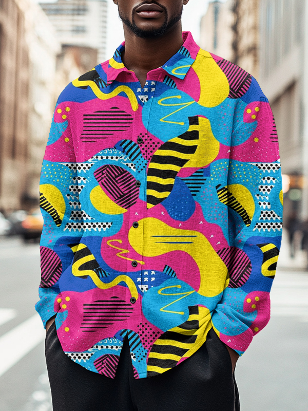 Men's Colorful Abstract Geometric Art Print Long Sleeve Shirt-Styleame