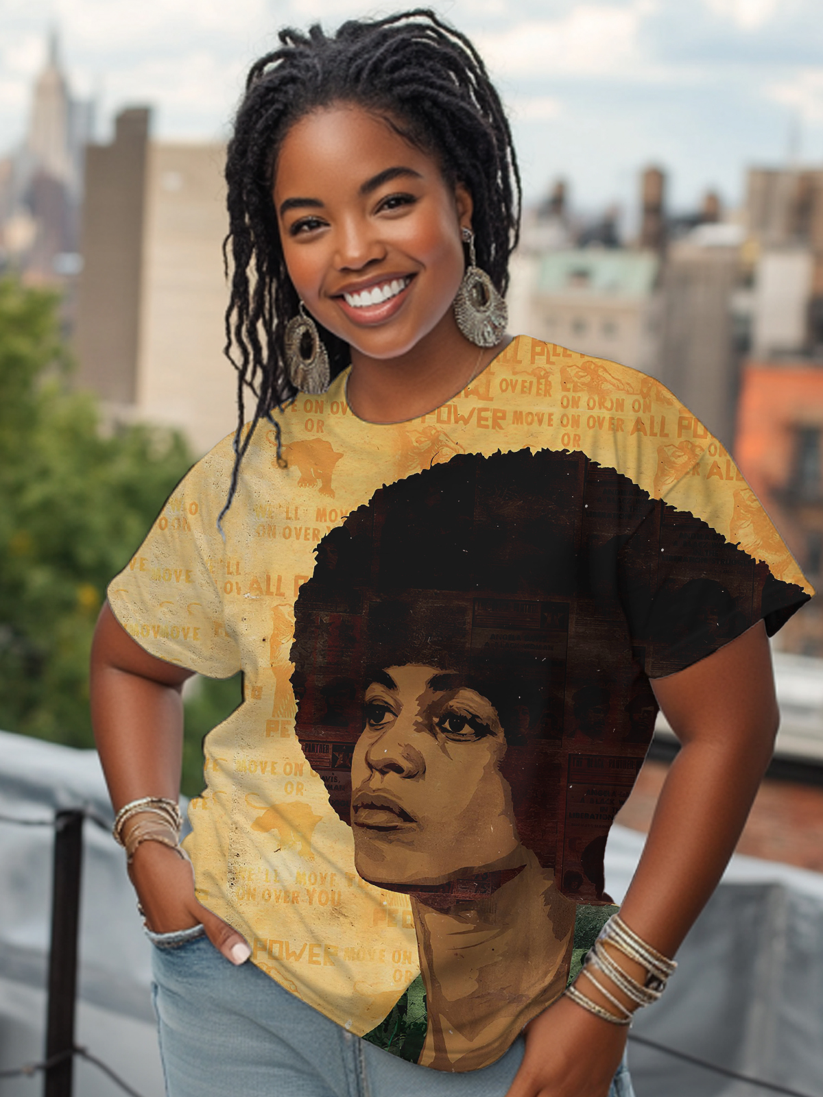 Women's Black Power Print Casual T-Shirt-Styleame