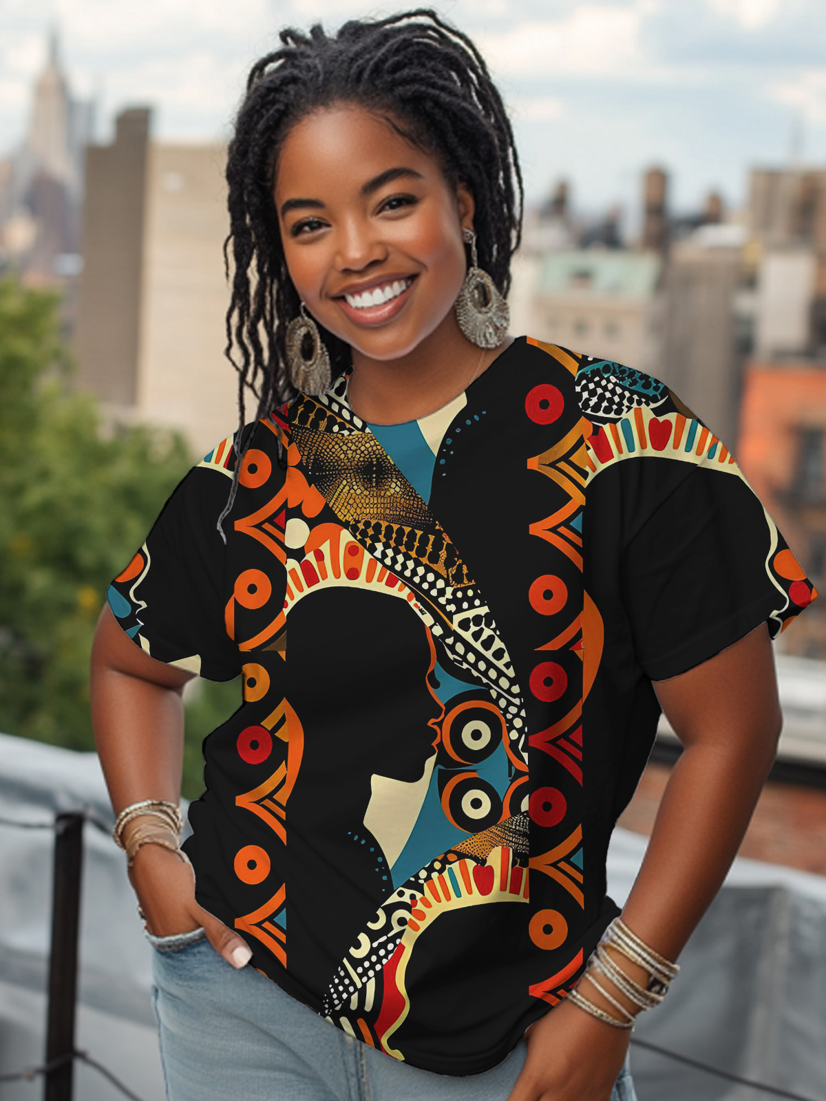Women's Black Portrait Profile Geometric Pattern Art Print Casual T-Shirt-Styleame