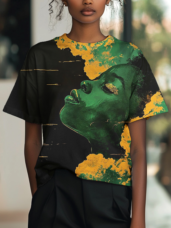 Women's Black Girl Portrait Art Print Casual T-Shirt-Styleame
