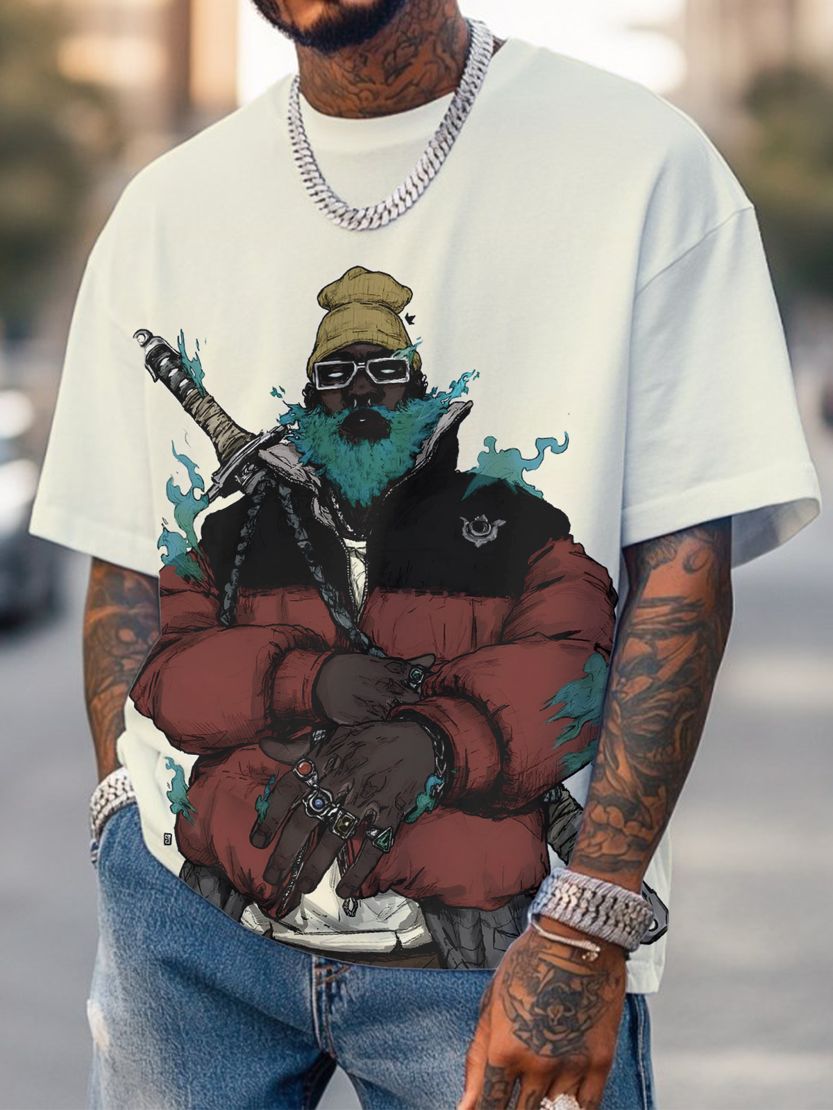 Men's Hip Hop Black Samurai Print Casual T-Shirt-Styleame