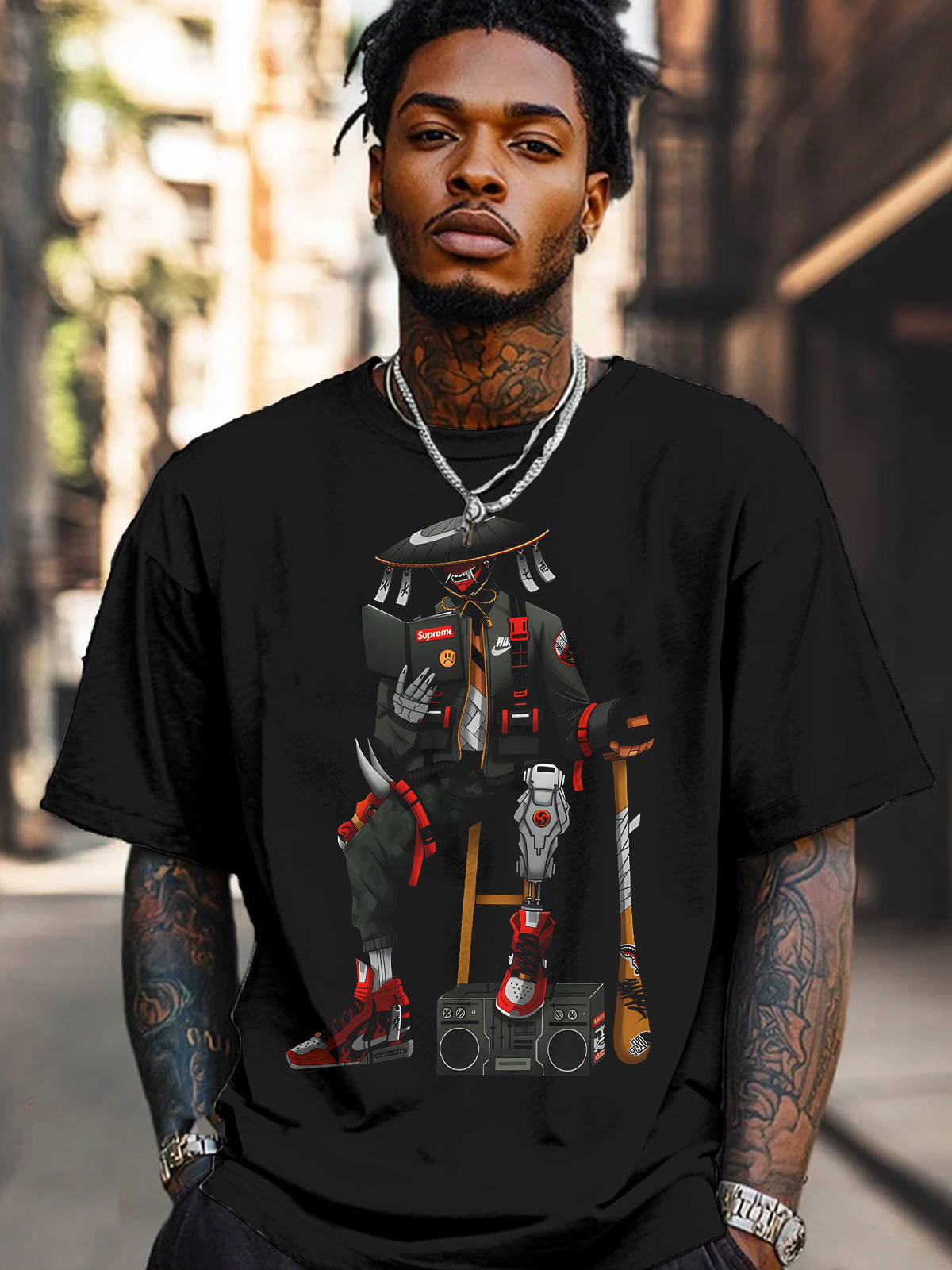 Men's Hip-hop Mechanical Samurai Print Casual T-Shirt-Styleame