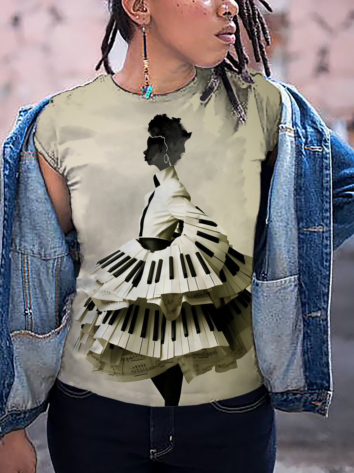 Women's Black Girl Abstract Piano Skirt Art Print Casual T-Shirt-Styleame