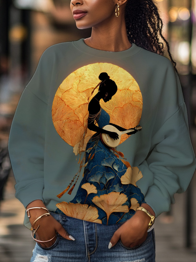 Women's Fashionable Black Girl Ginkgo Leaves Art Print Long Sleeve T-Shirt-Styleame
