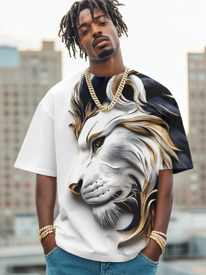 Men's Wild Lion Print Casual T-Shirt-Styleame