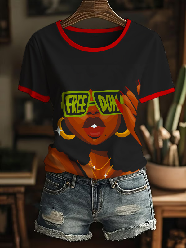 Women's Freedom Fashion Black Girl Print Casual T-Shirt-Styleame