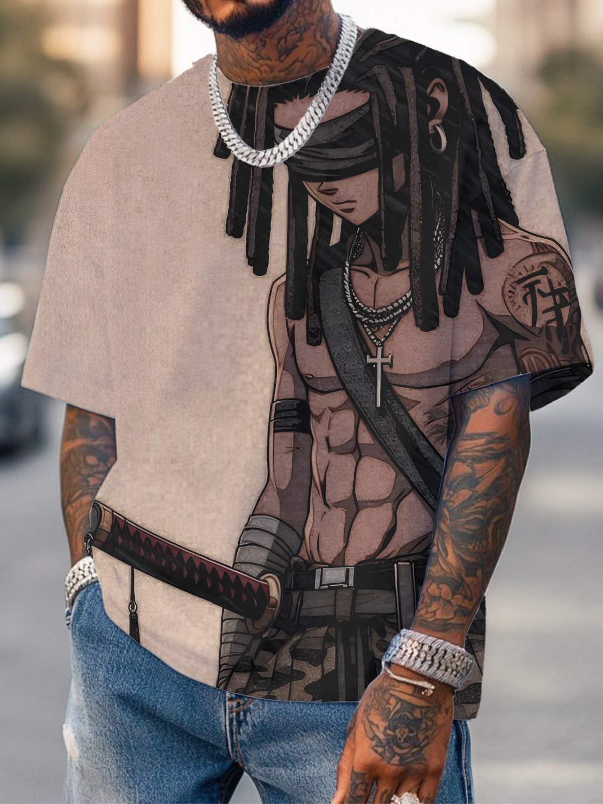 Men's Japanese Samurai And Katana Print Casual T-Shirt-Styleame