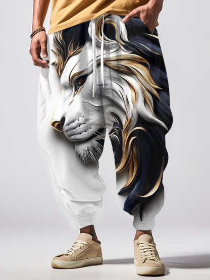 Men's Wild Lion Print Loose Drawstring Waist Sweatpants-Styleame