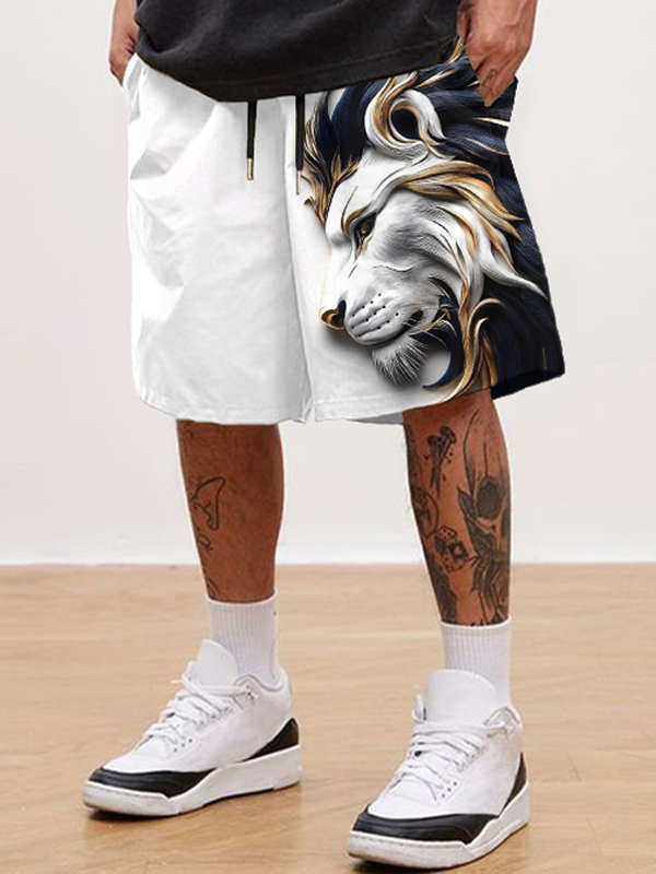 Men's Wild Lion Print Casual Shorts-Styleame